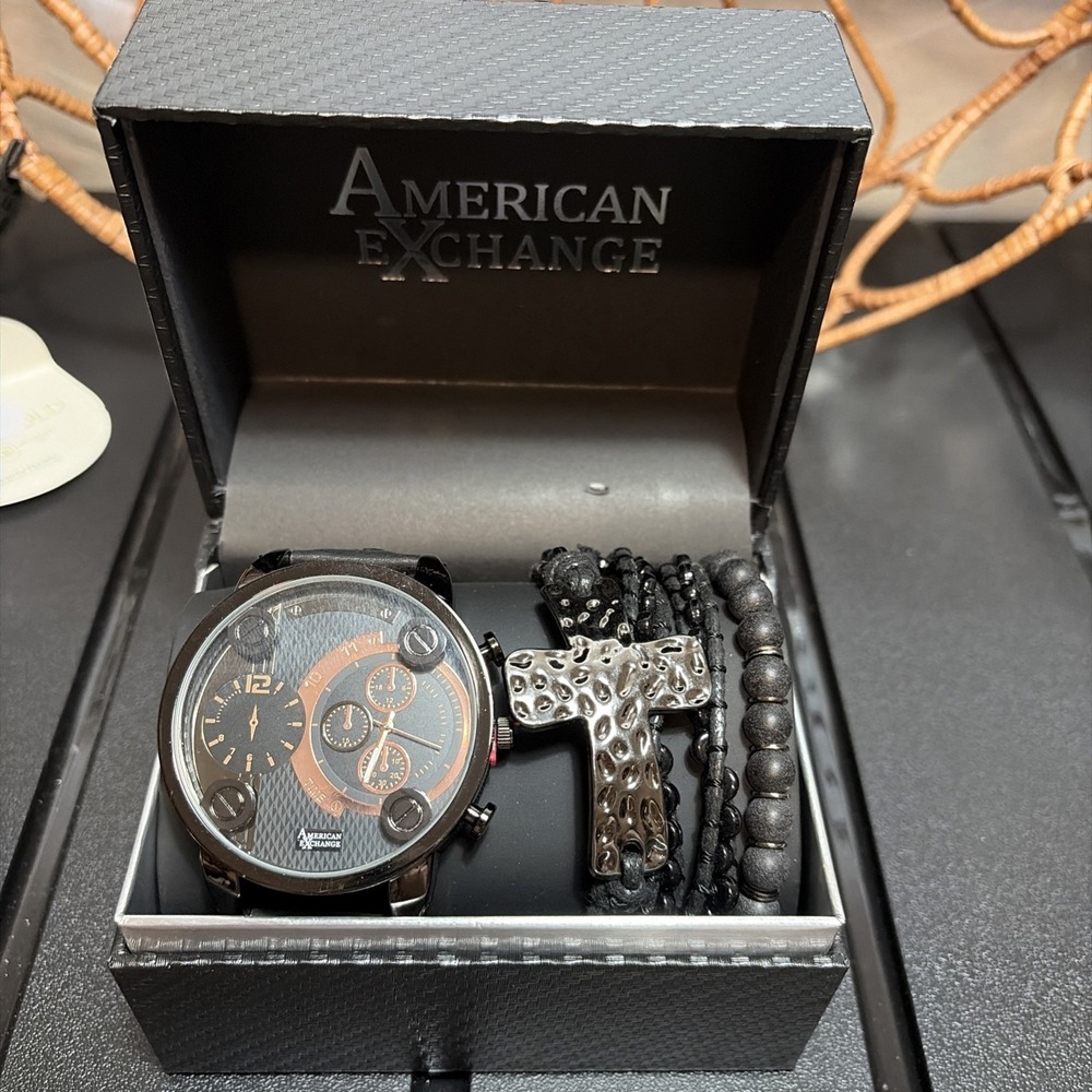 American Exchange Men's Quartz Black Watch & Jewelry Gift Set- BRAND NEW IN BOX